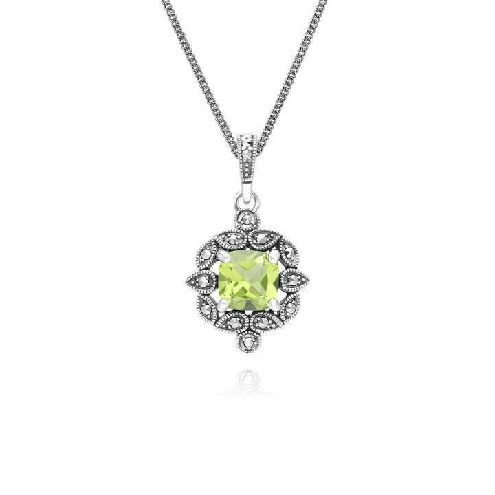 Art Deco Style Cushion Peridot & Marcasite Pendant Necklace in Sterling Silver