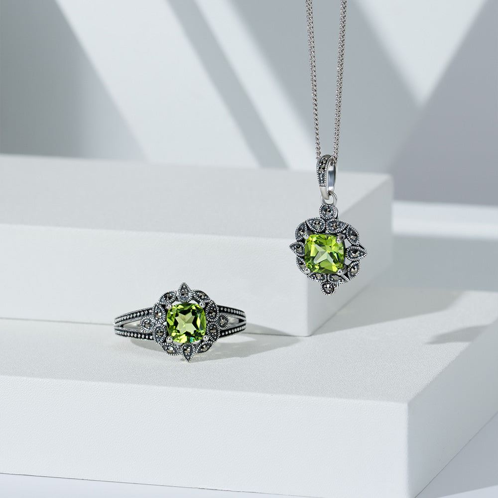 Art Deco Style Cushion Peridot & Marcasite Pendant Necklace in Sterling Silver