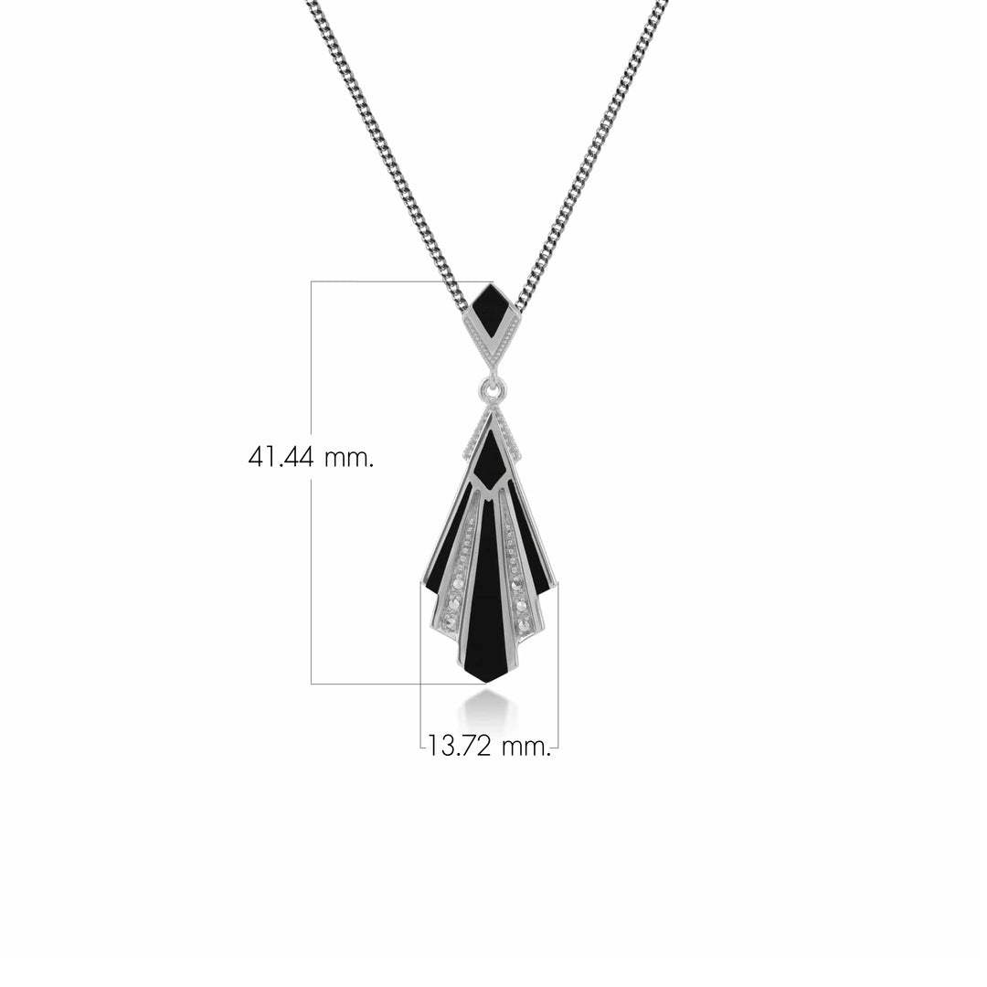 Art Deco Style Triangle Black Onyx & Marcasite Fan Pendant in 925 Sterling Silver