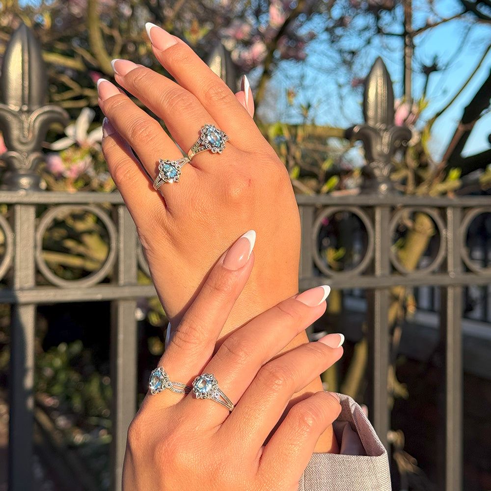 Art Deco Style Pear Blue Topaz & Marcasite Ring in Sterling Silver