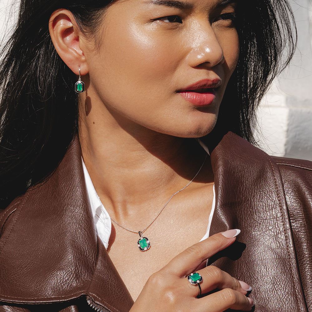 Grand Deco Black Enamel, Green Chalcedony & Topaz Drop Earrings in Sterling Silver