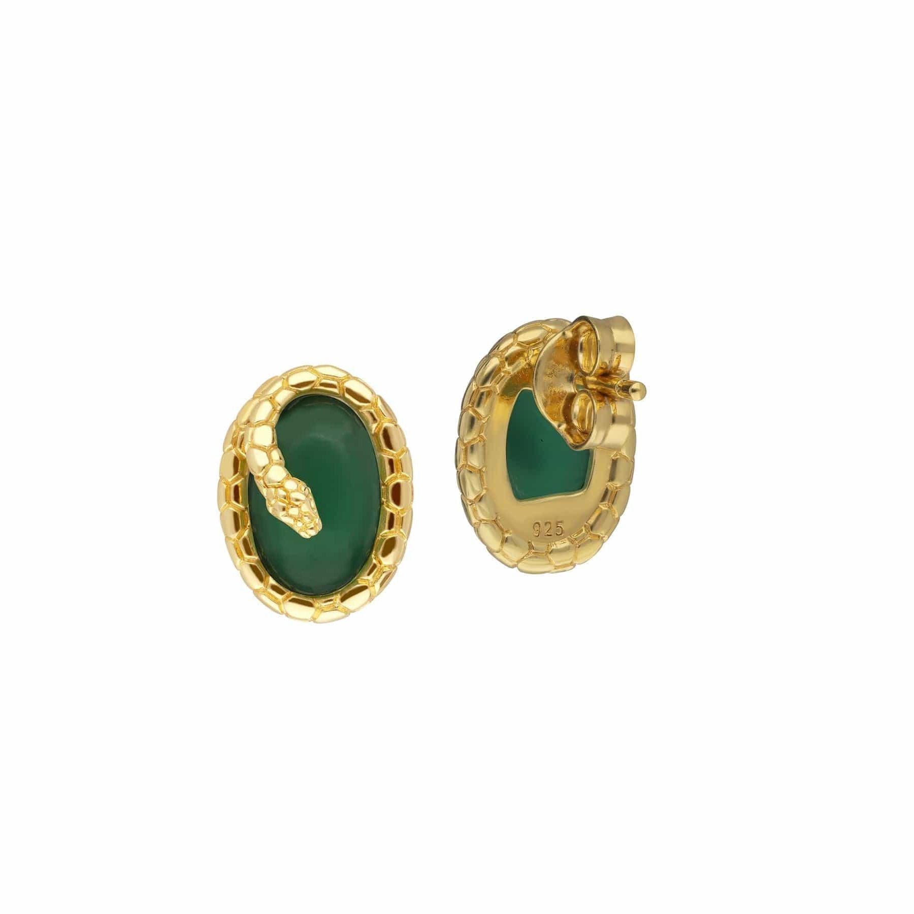 ECFEW™ Dyed Green Chalcedony Winding Snake Stud Earrings in Gold Plated Sterling Silver