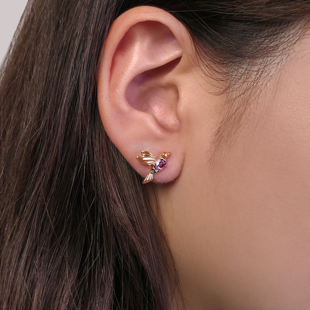 ECFEW™ Creator Mismatched Peridot & Rhodolite Hummingbird Stud Earrings in Gold Plated Sterling Silver