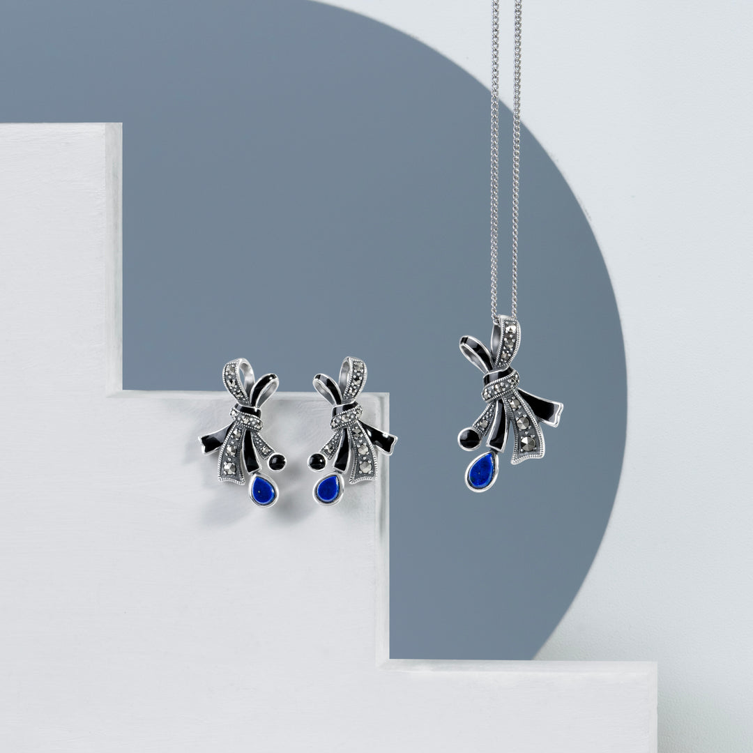 Art Nouveau Style Marcasite, Lapis Lazuli and Black Enamel Ribbon Bow Pendant Necklace in Sterling Silver
