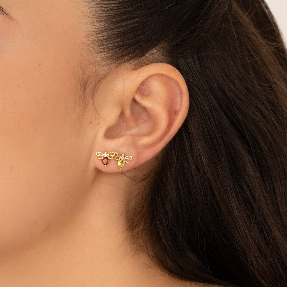 Honeycomb Art Nouveau Pear Shape Peridot and Diamond Bee Stud Earrings in 9ct Yellow Gold