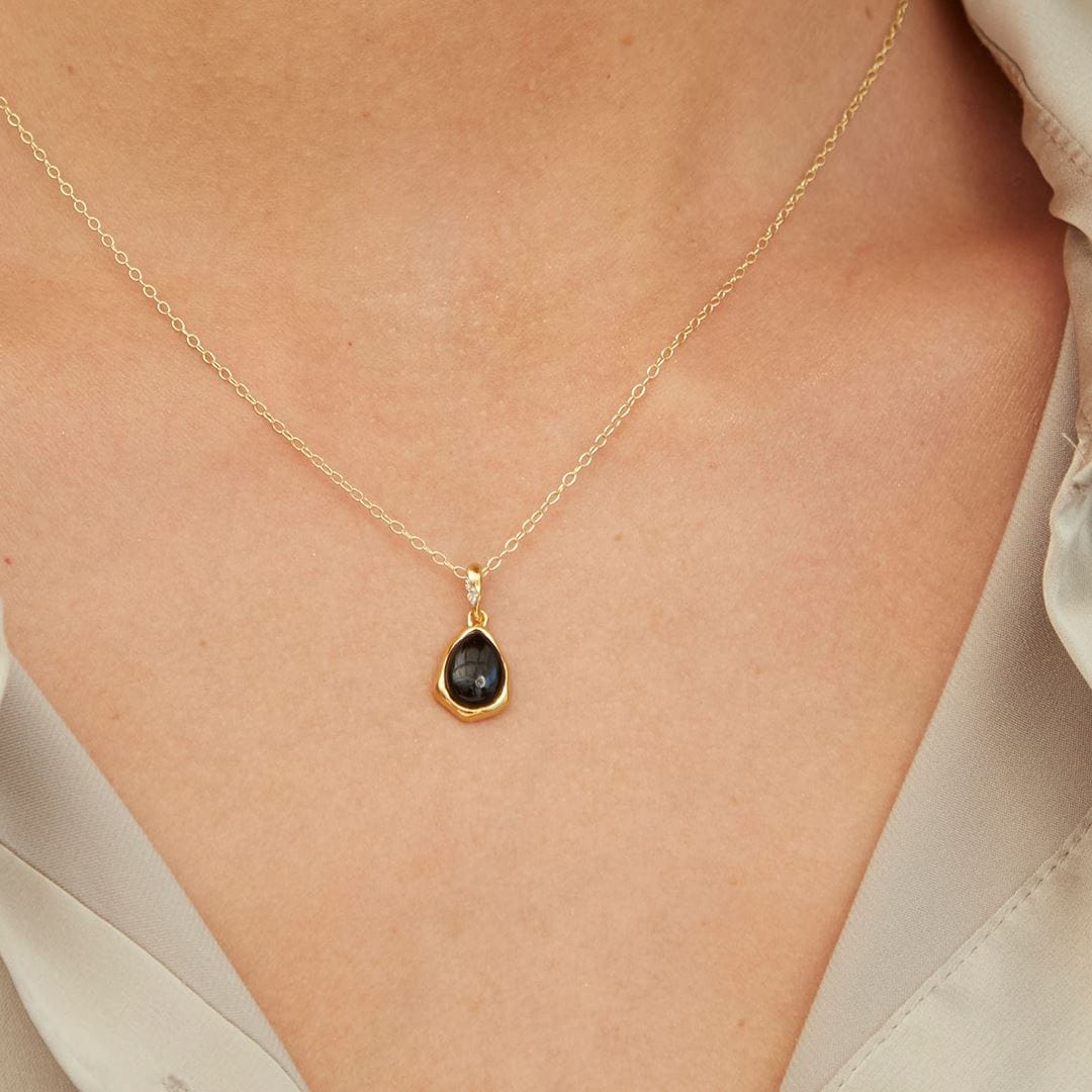 253P335303925 Irregular Black Onyx & Topaz Pendant In 18ct Gold Plated SterlIng Silver On Model