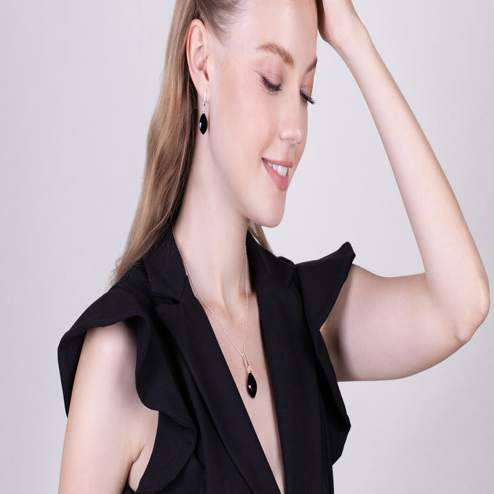 Art Deco Style Pear Black Onyx & Black Spinel Drop Earrings in 925 Sterling Silver