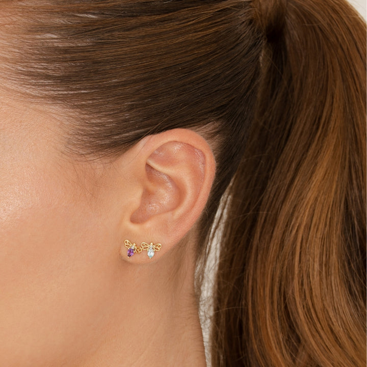 Honeycomb Art Nouveau Pear Shape Topaz and Diamond Bee Stud Earrings in 9ct Yellow Gold