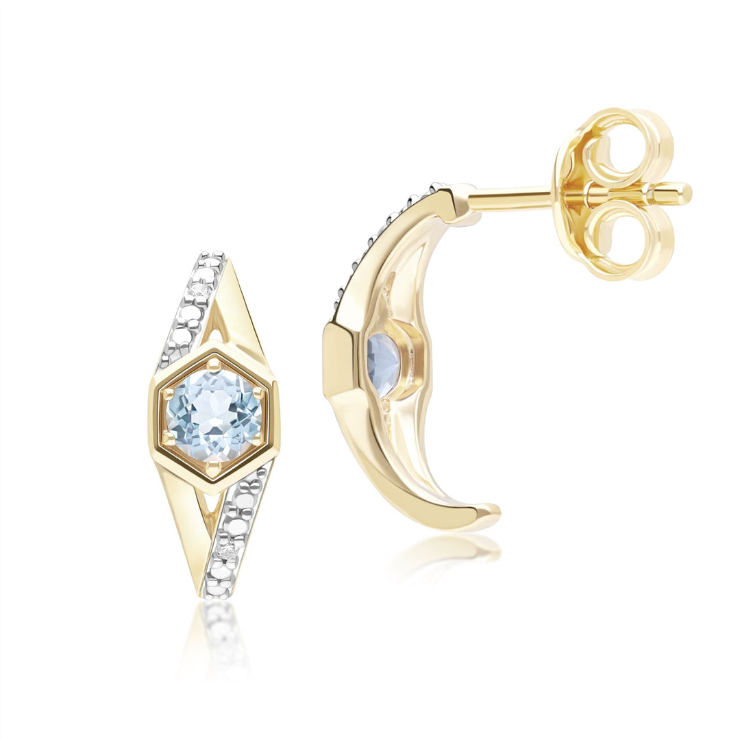 Geometric Hexagon with Prong set Round Topaz and Diamond Half Hoop Earrings in 9ct Yellow Gold