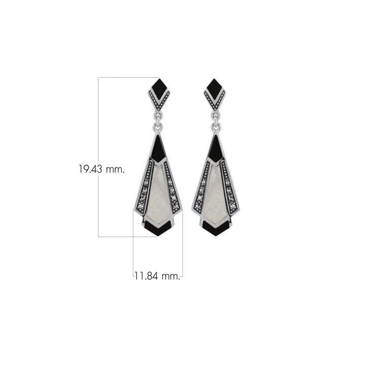 Art Deco Style Cabochon Black Onyx, Mother of Pearl & Marcasite Drop Earrings in 925 Sterling Silver