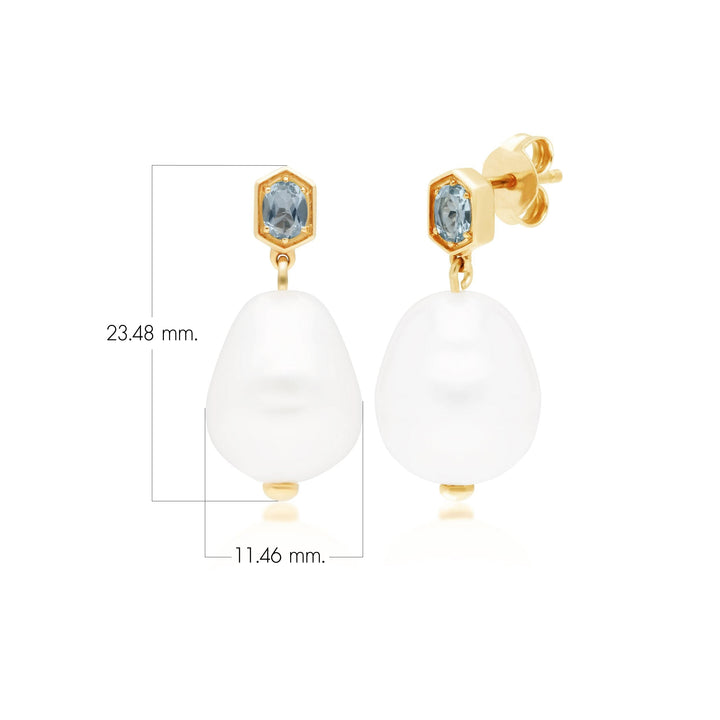 Modern Baroque Pearl & Topaz Drop Earrings in Gold Plated Silver