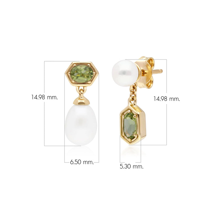 Modern Pearl & Peridot Mismatched Drop Earrings in Gold Plated Silver
