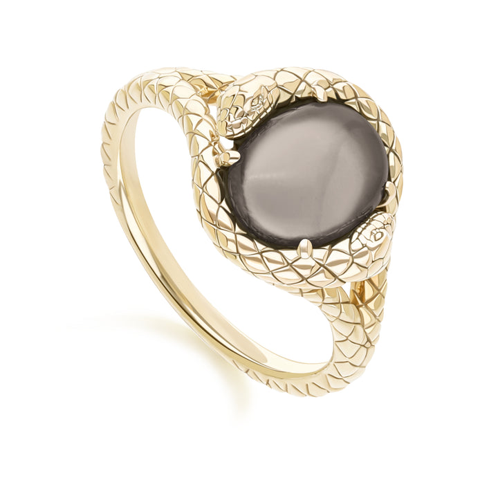 ECFEW™ Oval Black Moonstone snake two-headed coiled bezel-set cabochon ring in gold vermeil sterling silver