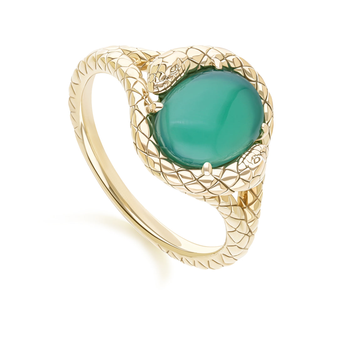 ECFEW™ Oval dyed green chalcedony snake two-headed coiled bezel-set cabochon ring in gold vermeil sterling silver