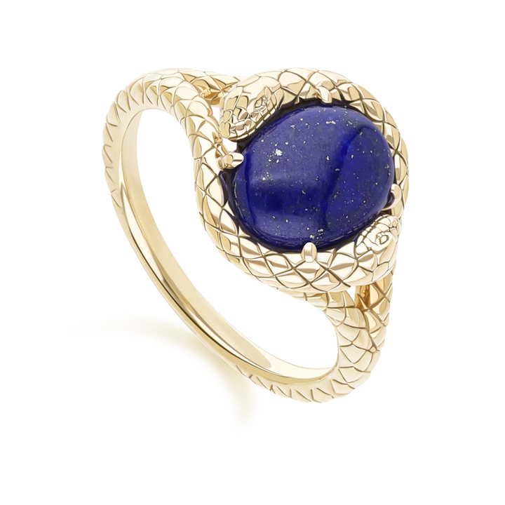 ECFEW™ Oval lapis lazuli snake two-headed coiled bezel-set cabochon ring in gold vermeil sterling silver