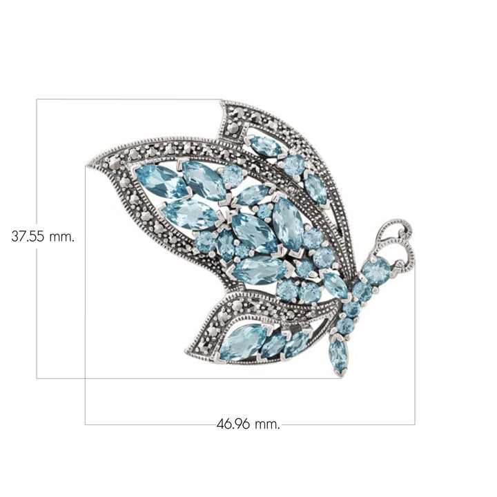 Art Nouveau Style Marquise Blue Topaz & Marcasite Flying Butterfly Brooch in 925 Sterling Silver