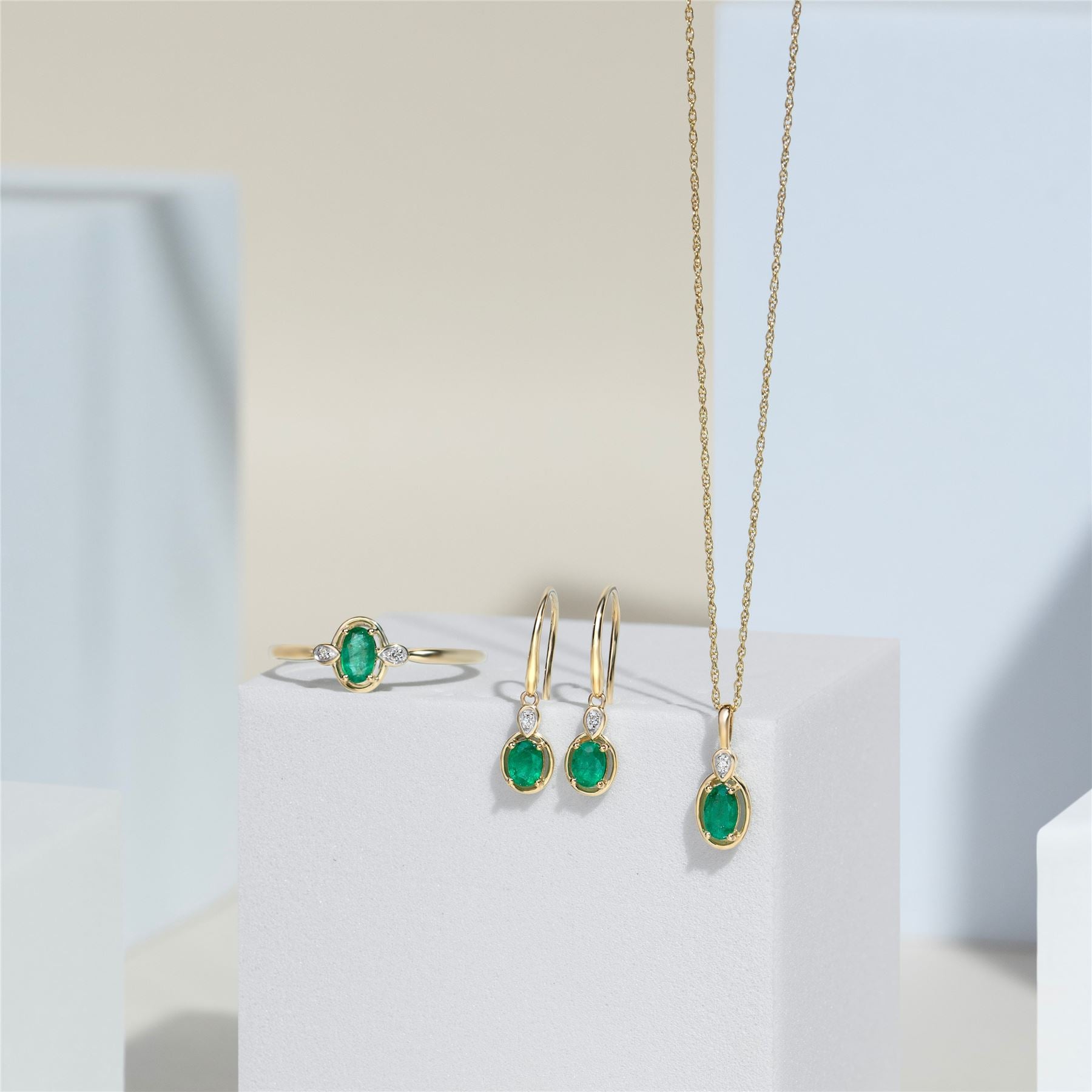 Classic Oval Emerald & Round Diamond Drop Earrings In 9ct Yellow Gold