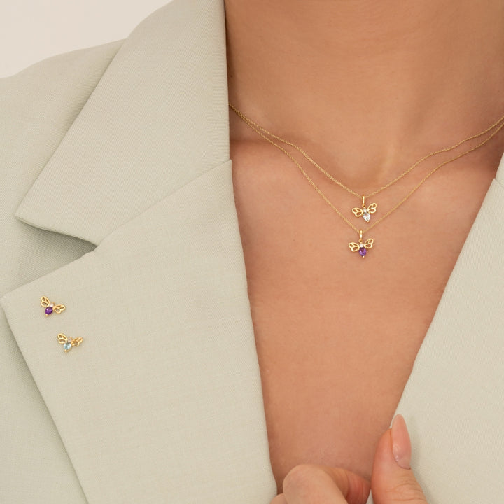 Honeycomb Art Nouveau Pear Shape Topaz and Diamond Bee Pendant Necklace in 9ct Yellow Gold