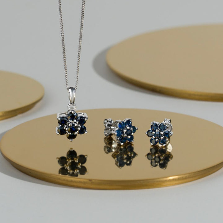 Floral Round Sapphire Cluster Stud Earrings in 925 Sterling Silver
