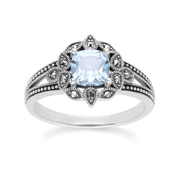 Art Deco Style Cushion Blue Topaz & Marcasite Ring in Sterling Silver