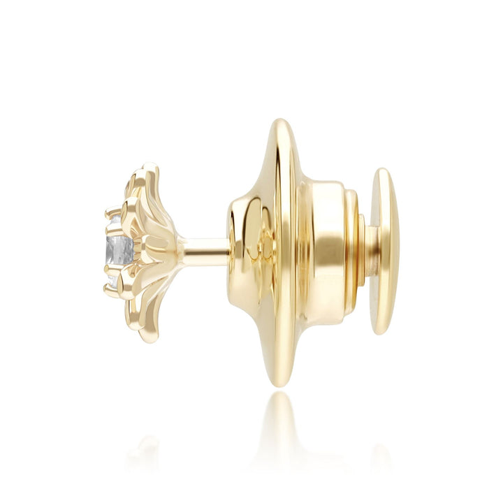 Gardenia Daisy White Sapphire Floral Halo Flower Pin in Solid 9ct Yellow Gold