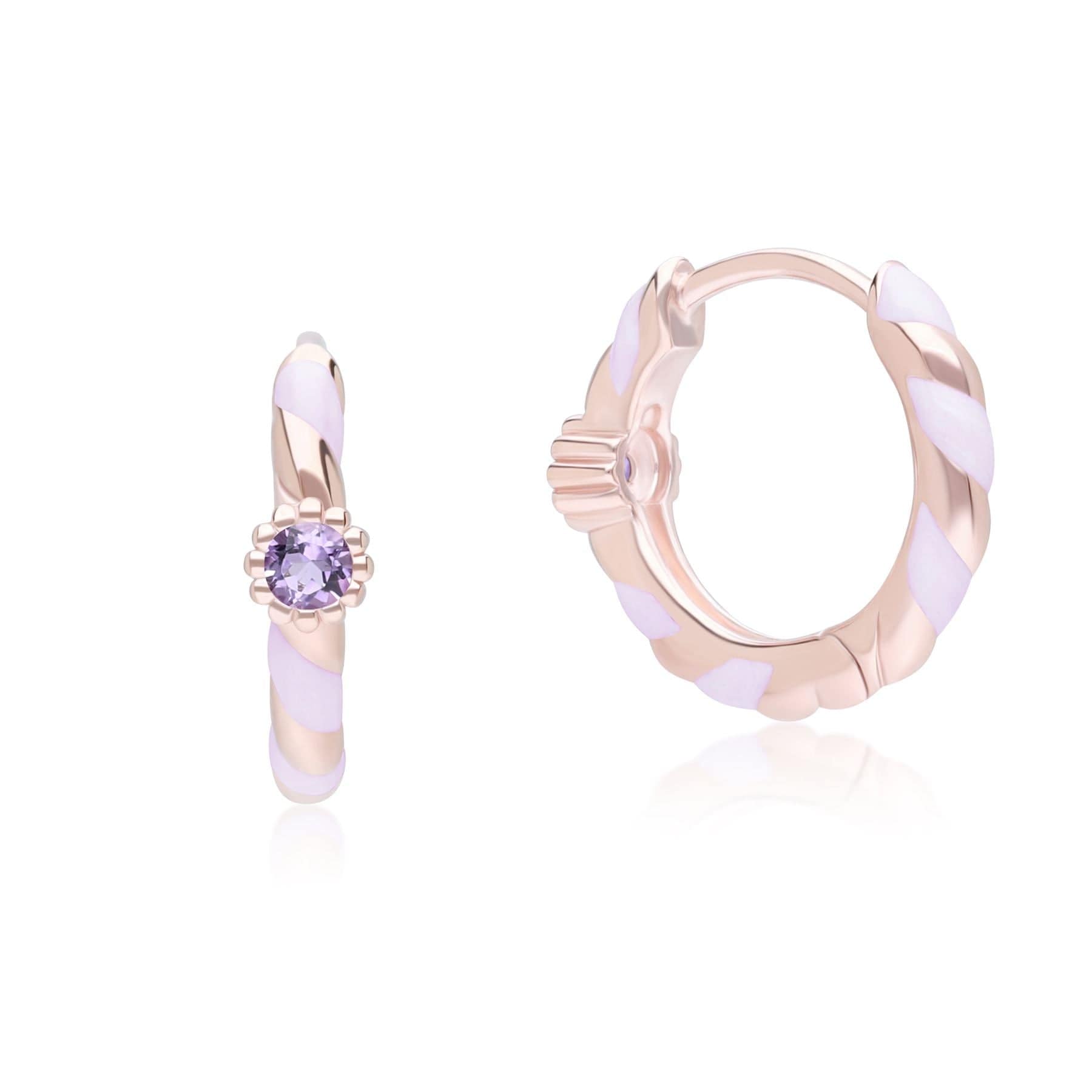 Siberian Waltz Violet Enamel & Round Pink Amethyst Hoop Earrings In 18ct Rose Gold Plated Sterling Silver