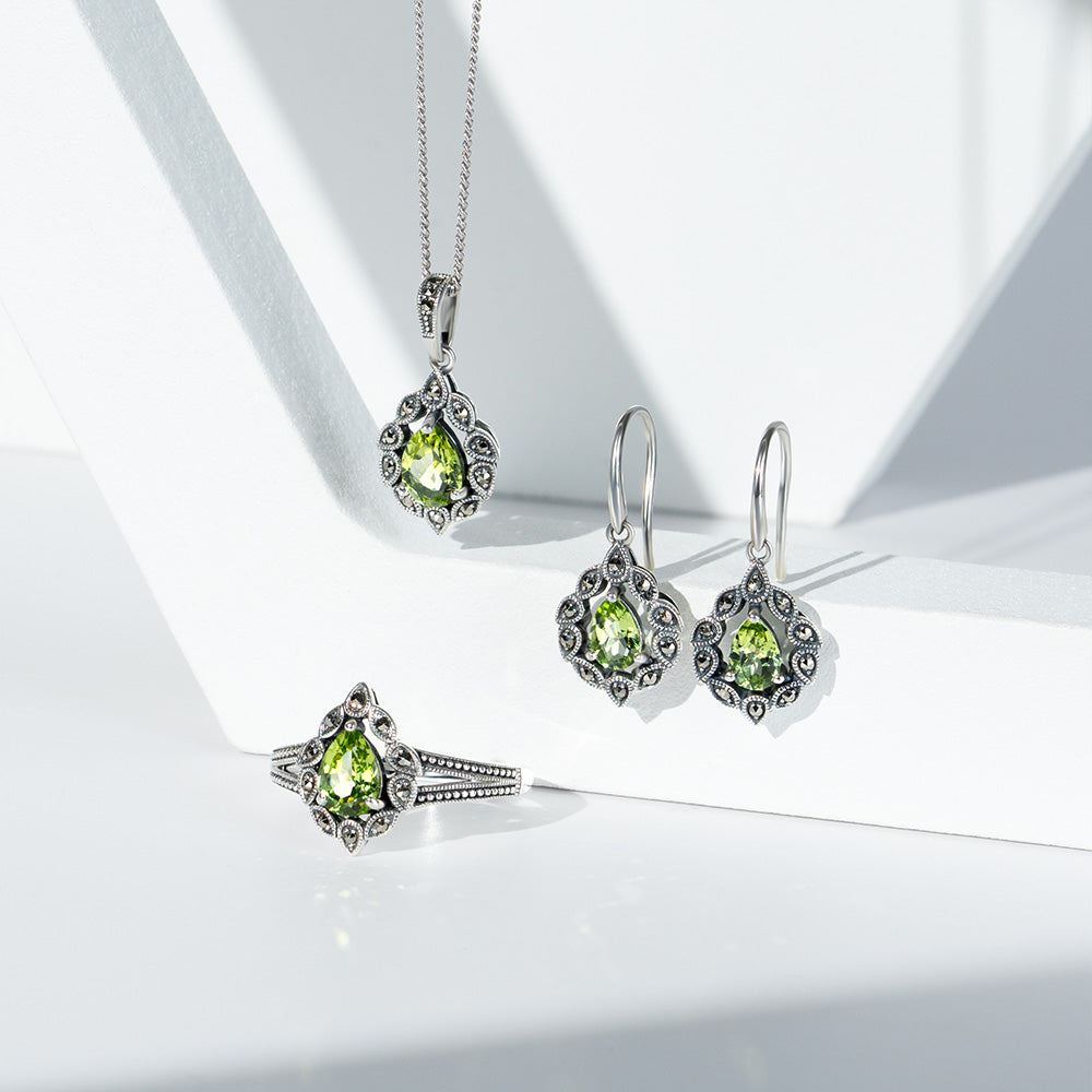 Art Deco Style Pear Peridot & Marcasite Pendant Necklace in Sterling Silver