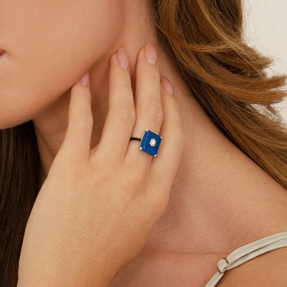 Grand Deco Black Enamel, Lapis Lazuli & Colourless Topaz Ring in Sterling Silver