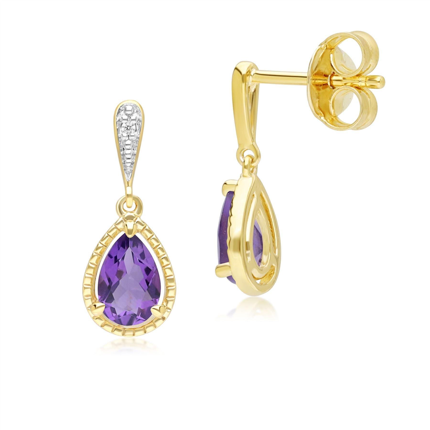 Classic Pear Amethyst & Diamond Drop Earrings In 9ct Yellow Gold