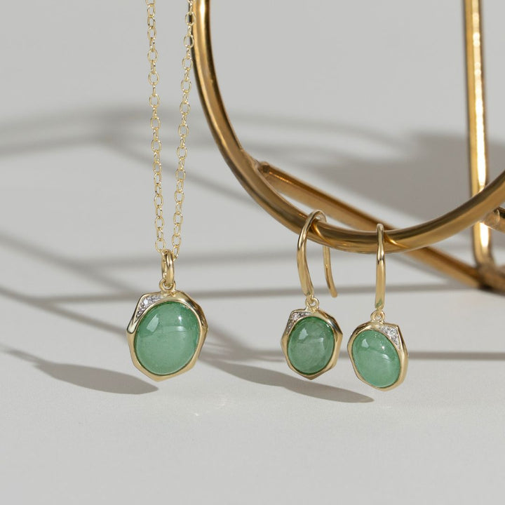 Irregular B Gem Jade & Diamond Drop Earrings In Yellow Gold Plated Silver