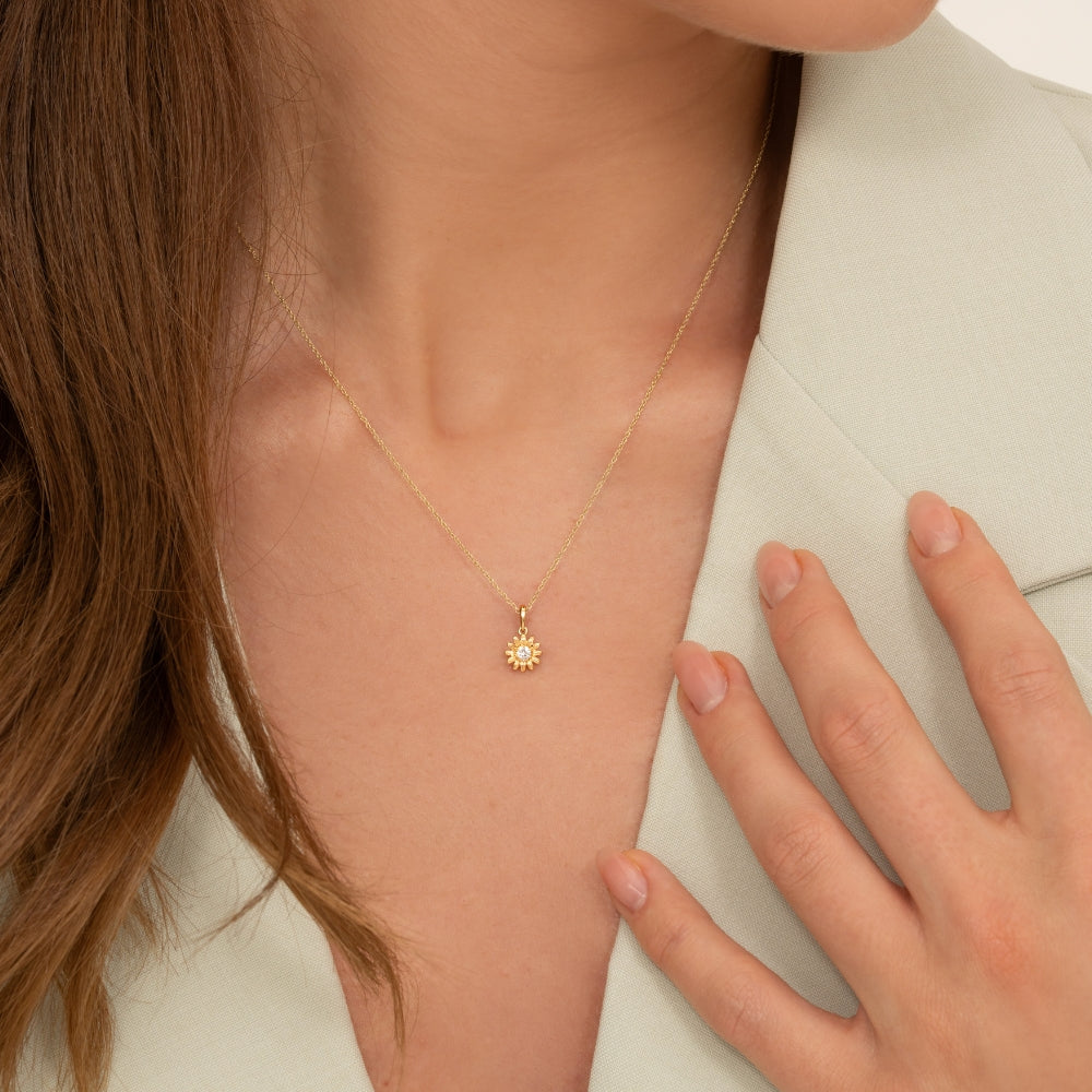 Gardenia Daisy White Sapphire Floral Halo Flower Pendant Necklace in Solid 9ct Yellow Gold