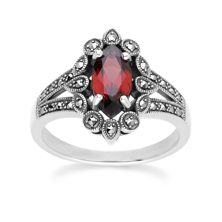 Art Deco Style Marquise Garnet & Marcasite Ring in Sterling Silver