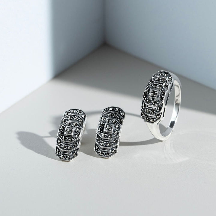Art Deco Style Round Marcasite Stepped Ring in 925 Sterling Silver
