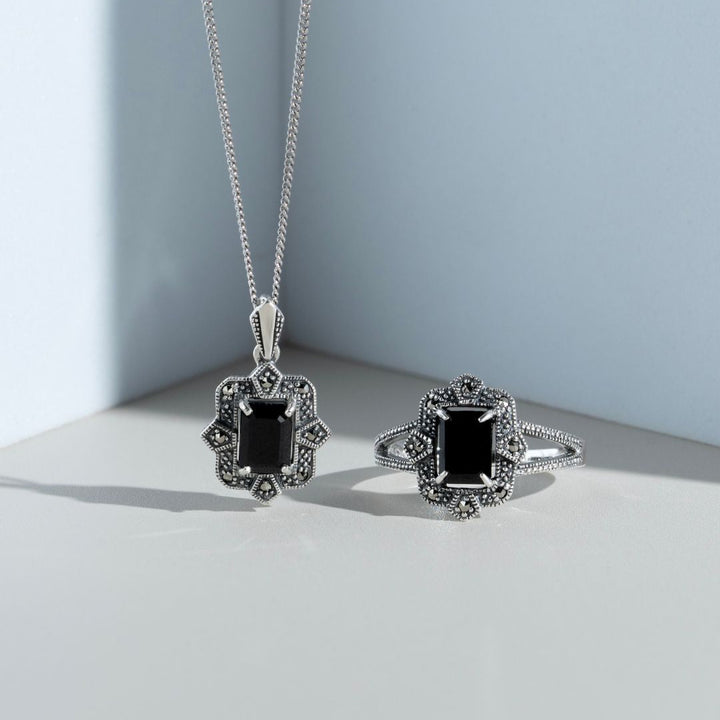 Art Deco Style Black Spinel & Marcasite Pendant in Silver