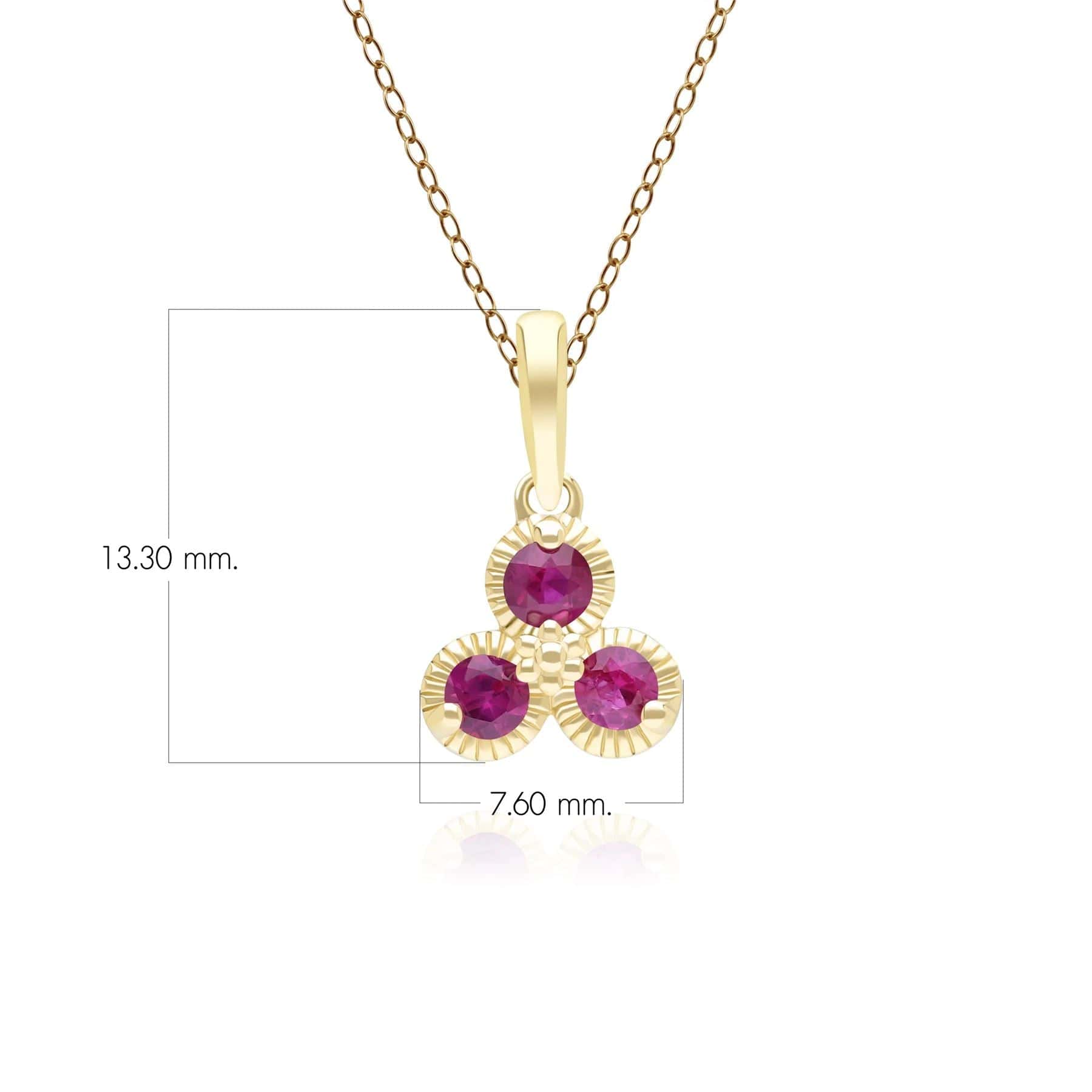 Floral Ruby Three Stone Pendant Necklace in 9ct Yellow Gold