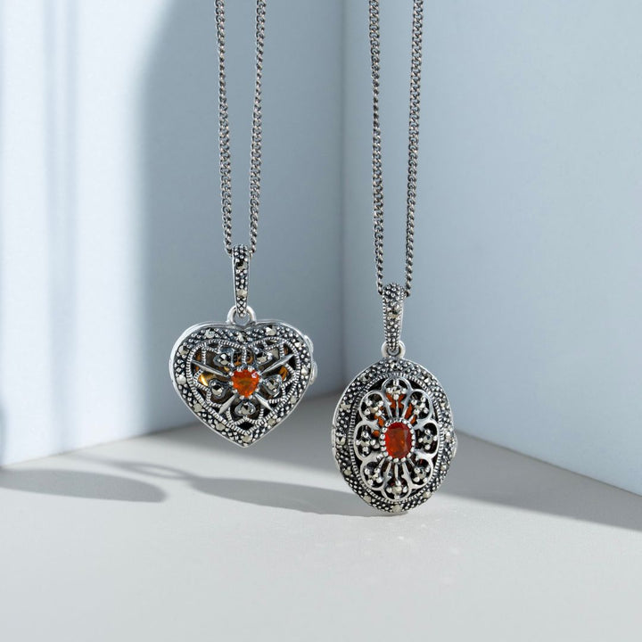 Art Nouveau Style Heart Carnelian & Marcasite Locket on Chain in 925 Sterling Silver