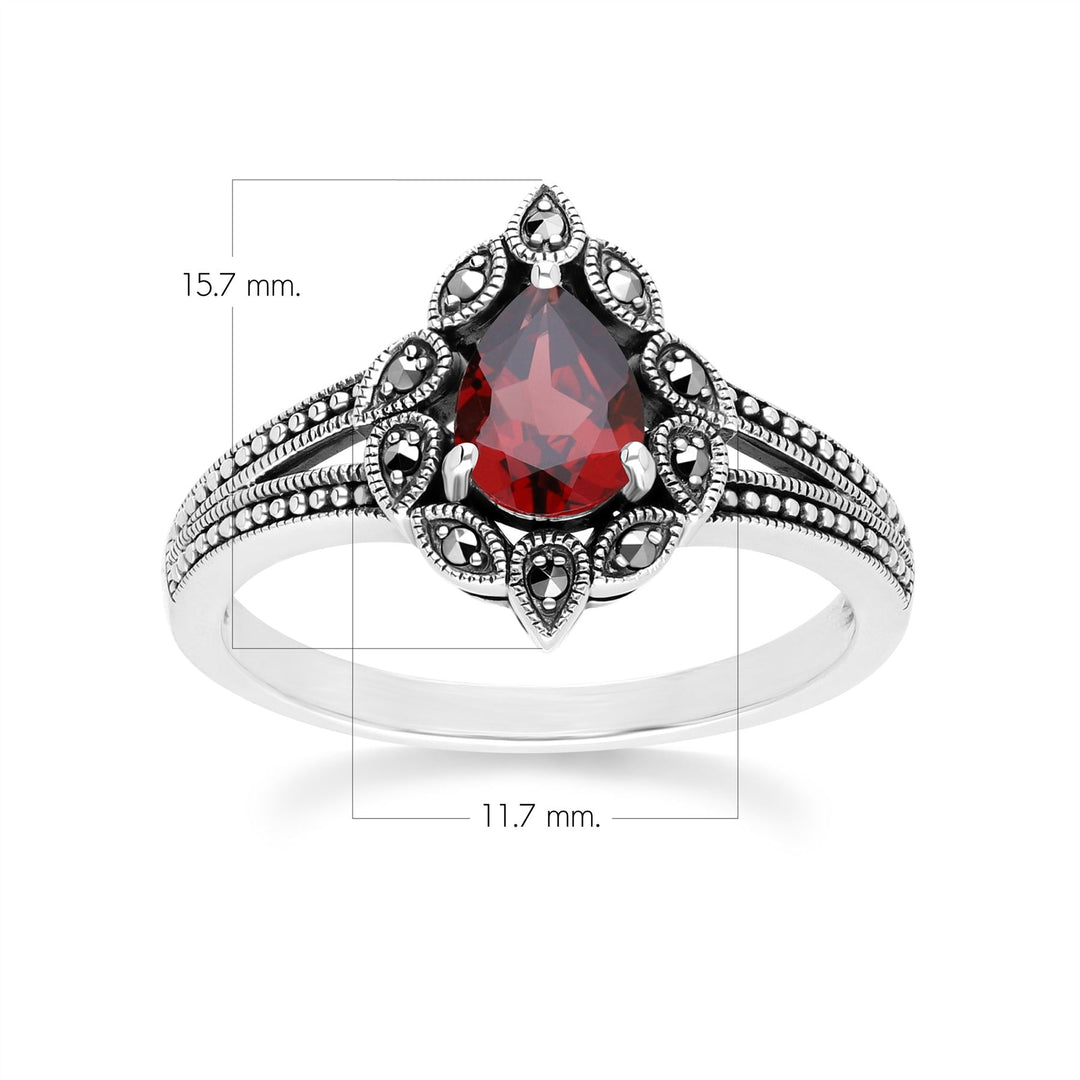 Art Deco Style Pear Garnet & Marcasite Ring in Sterling Silver