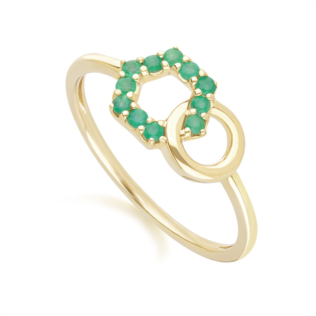 Geometric Hexagon and Round Linked with Prong Set Emerald Ring in 9ct Yellow Gold