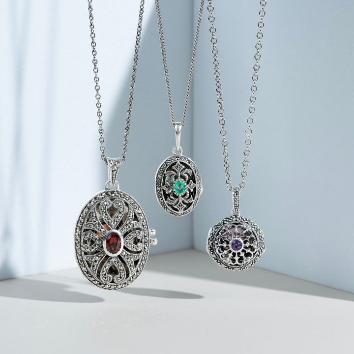 Art Nouveau Style Oval Emerald & Marcasite Locket Necklace in 925 Sterling Silver