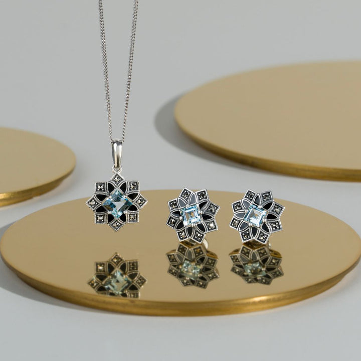 Art Deco Inspired Blue Topaz & Marcasite Star Stud Earrings
