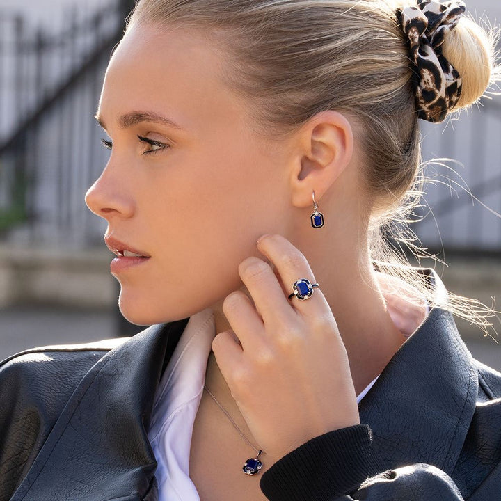Grand Deco Black Enamel, Lapis Lazuli & Topaz Ring in Sterling Silver