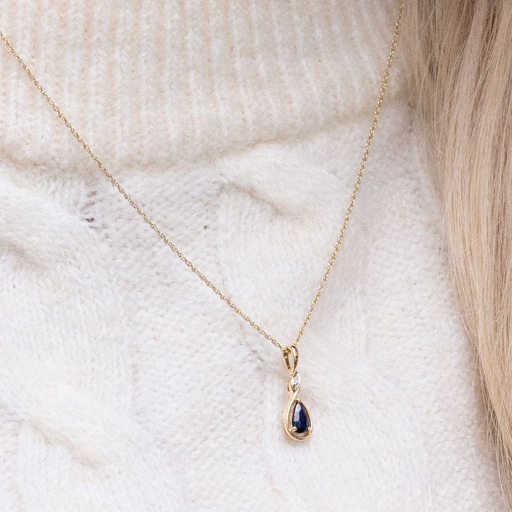 Classic Pear Sapphire & Diamond Pendant Necklace In 9ct Yellow Gold