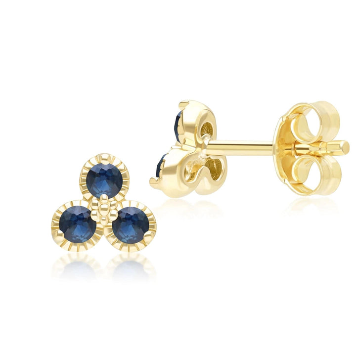 Floral Sapphire Three Stone Stud Earrings in 9ct Yellow Gold