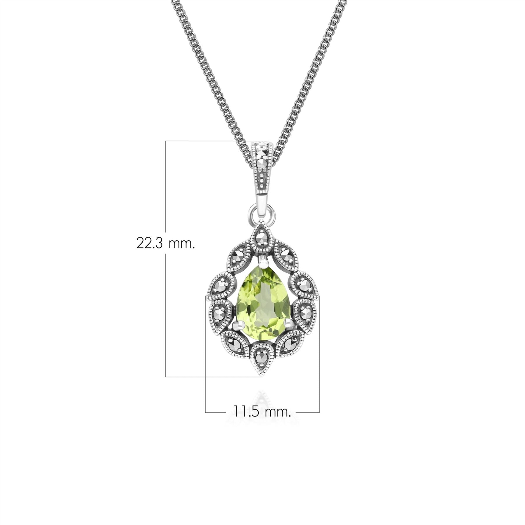 Art Deco Style Pear Peridot & Marcasite Pendant Necklace in Sterling Silver