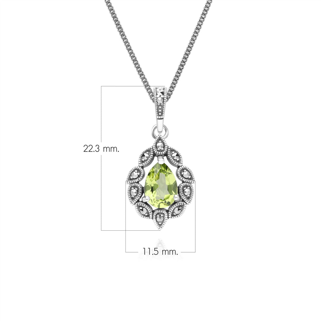 Art Deco Style Pear Peridot & Marcasite Pendant Necklace in Sterling Silver