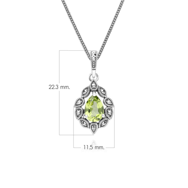 Art Deco Style Pear Peridot & Marcasite Pendant Necklace in Sterling Silver