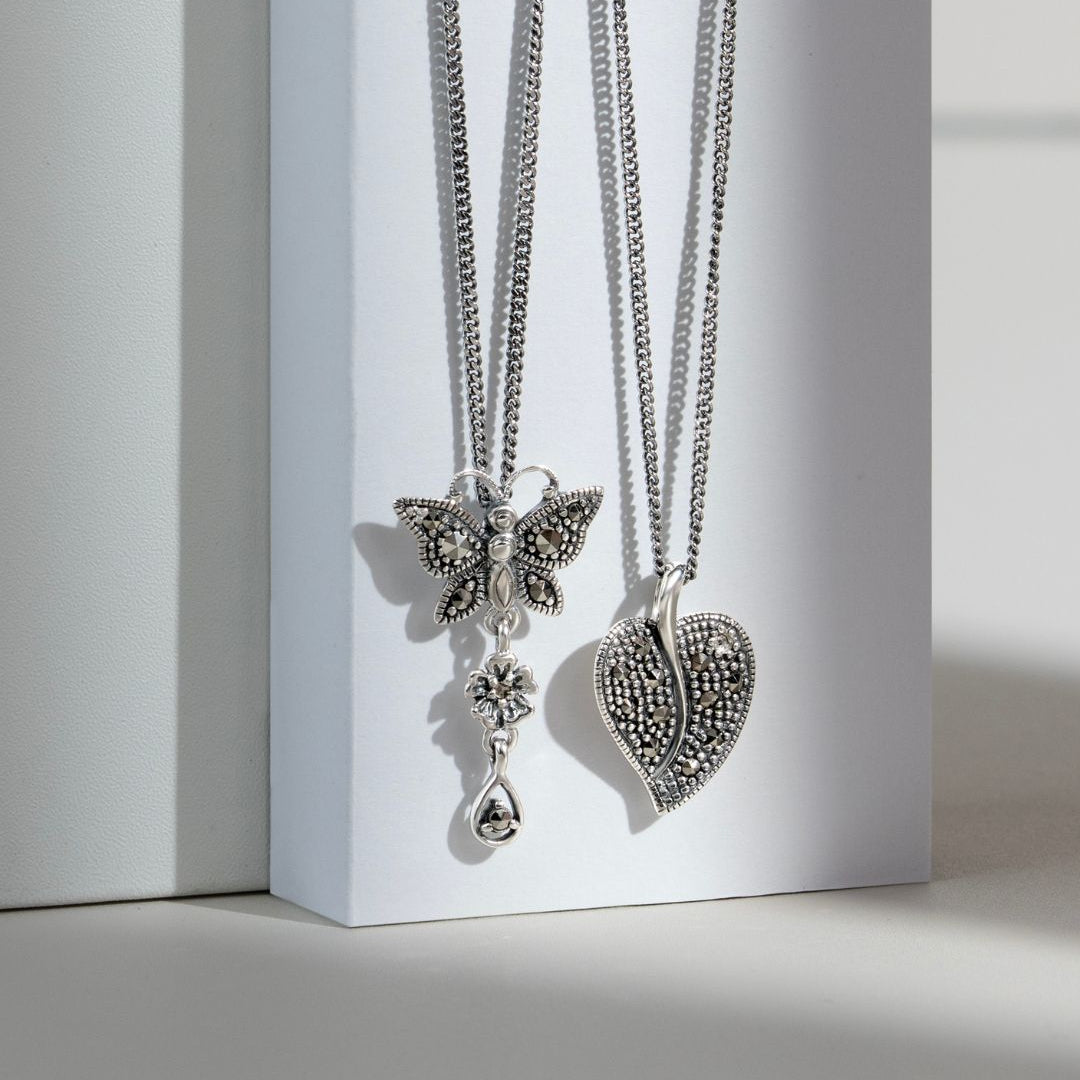 Art Nouveau Style Round Marcasite Butterfly Pendant in 925 Sterling Silver