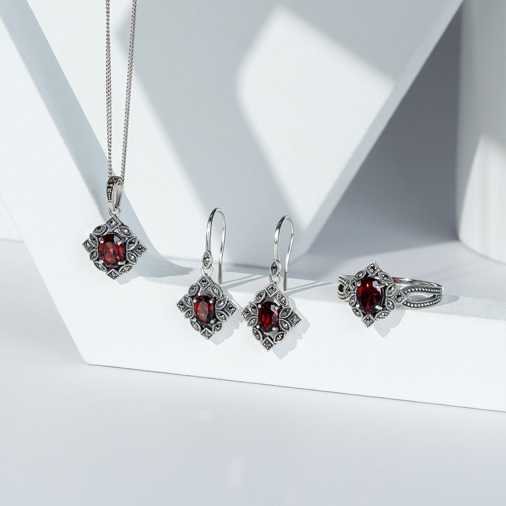 Art Deco Style Oval Garnet & Marcasite Drop Earrings in Sterling Silver