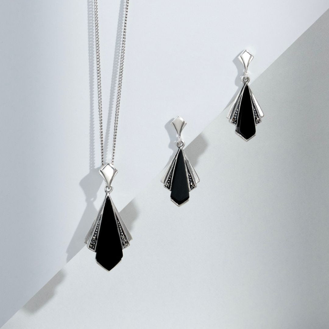 Art Deco Style Black Onyx & Marcasite Fan Drop Earrings in 925 Sterling Silver