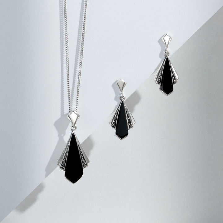 Art Deco Style Black Onyx & Marcasite Fan Drop Earrings in 925 Sterling Silver